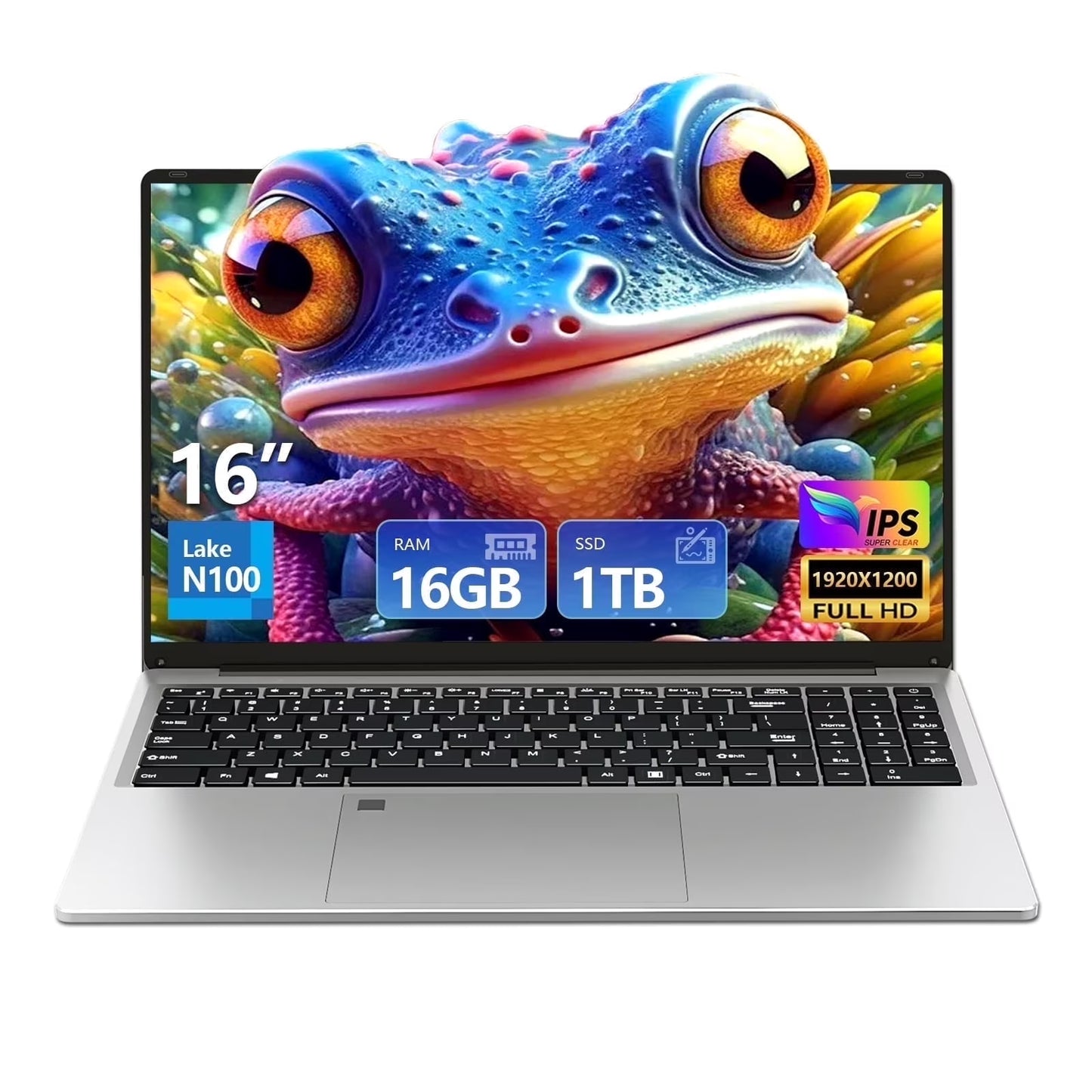16 Inch FHD 1920 * 1200 Laptop Computer 16GB RAM 1TB SSD N100 Processor 180 Angle Open Backlit Keyboard Windows 11 Pro Fingerprint Unlock UHD Graphics