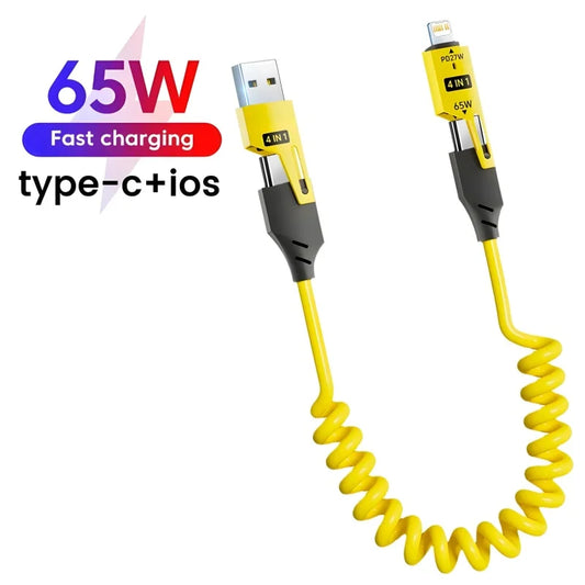 4-in-1 65W Spring Telescopic USB Type C Charger Cable - Quick Charge for iPhone 15/14/13/12 - 6A Fast Charging Solution