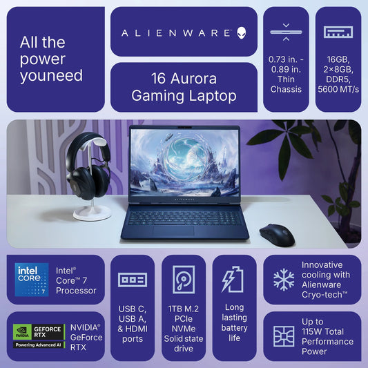 16" Aurora Gaming Laptop Intel Core 7-240H, 16GB RAM, 1TB SSD, NVIDIA Geforce RTX 5050