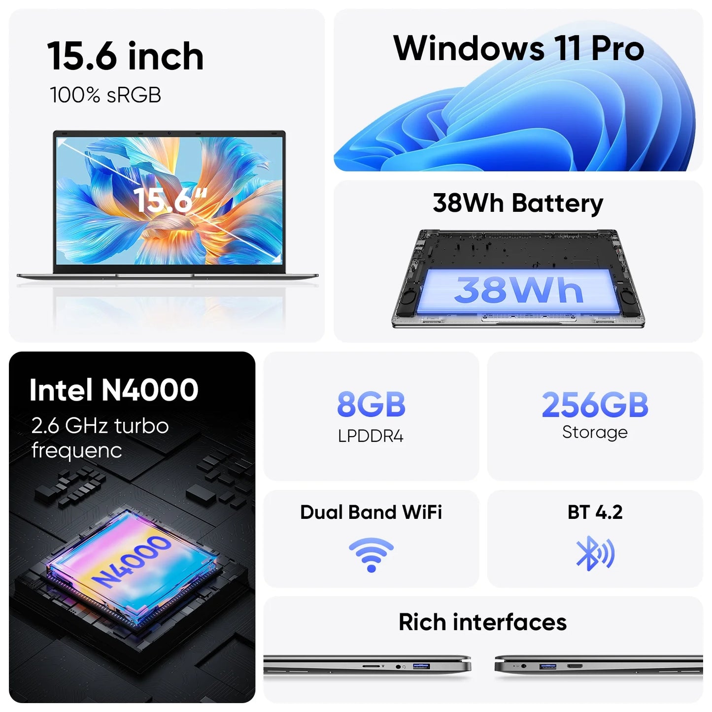15.6" Laptop Computer,8Gb RAM 256GB Ssd,Windows 11 Pro Bussiness Notebook PC,MS Office 365,Intel Celeron N4000(Up to 2.6Ghz) 100% Srgb Screen,2.4G/5G Dual Band Wifi