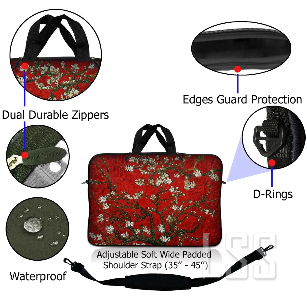 17-17.3 Inch Neoprene Laptop Sleeve Bag Carrying Case with Handle and Adjustable Shoulder Strap - Red Almond Trees