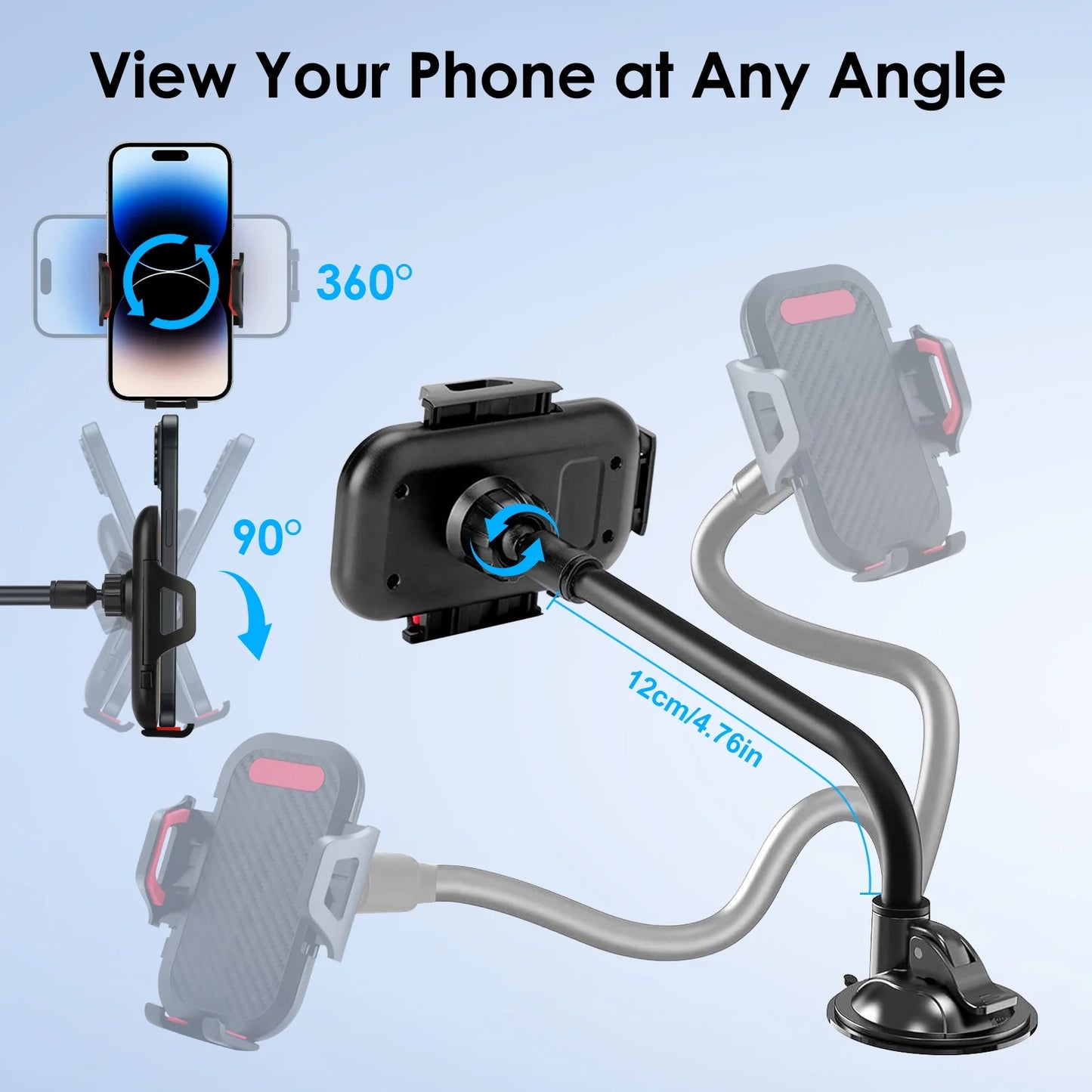 Universal Car Phone Mount Cradle for Windshield Dashboard with Suction Cup, 360° Rotation Long Arm Car Cell Phone Mount Holder for Iphone 13/ 13 Mini/ 13 Pro Max, Android Devices