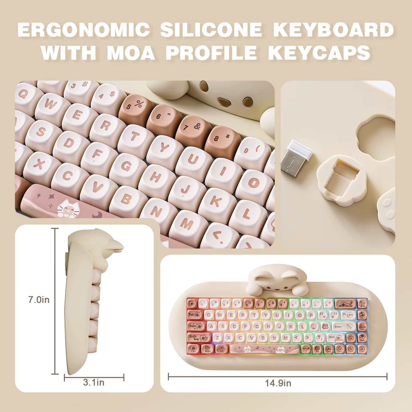 C68 Wireless Gaming Keyboard, Hi-Fi Cute Cat Custom RGB Mechanical Keyboard, Silicone 65% Hot Swap Ergonomic Kitty Keeb