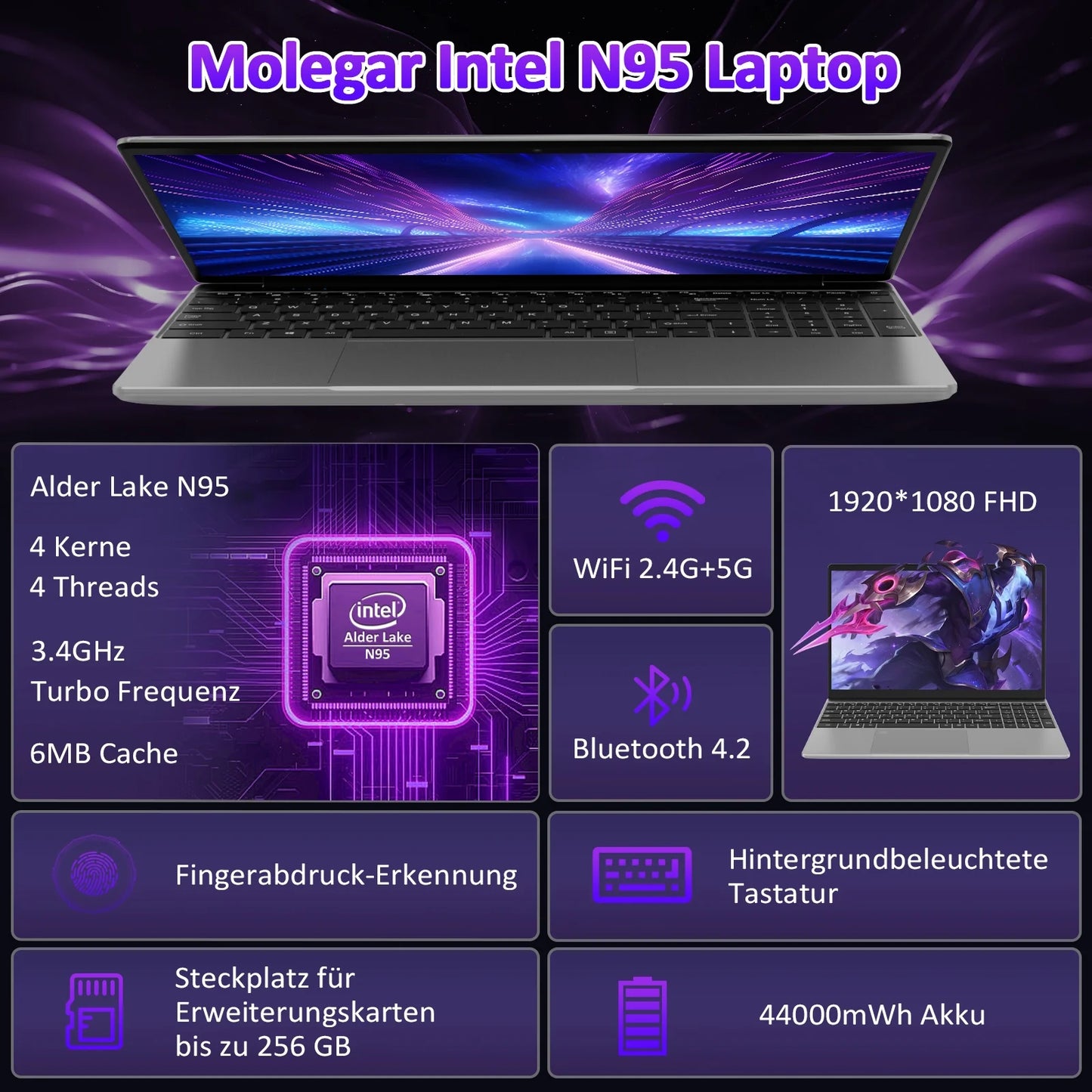 " 15.6"" Laptop, Intel Gen N95, 16GB RAM, 1TB Storage, FHD Display, Fingerprint Reader, Backlit Keyboard"