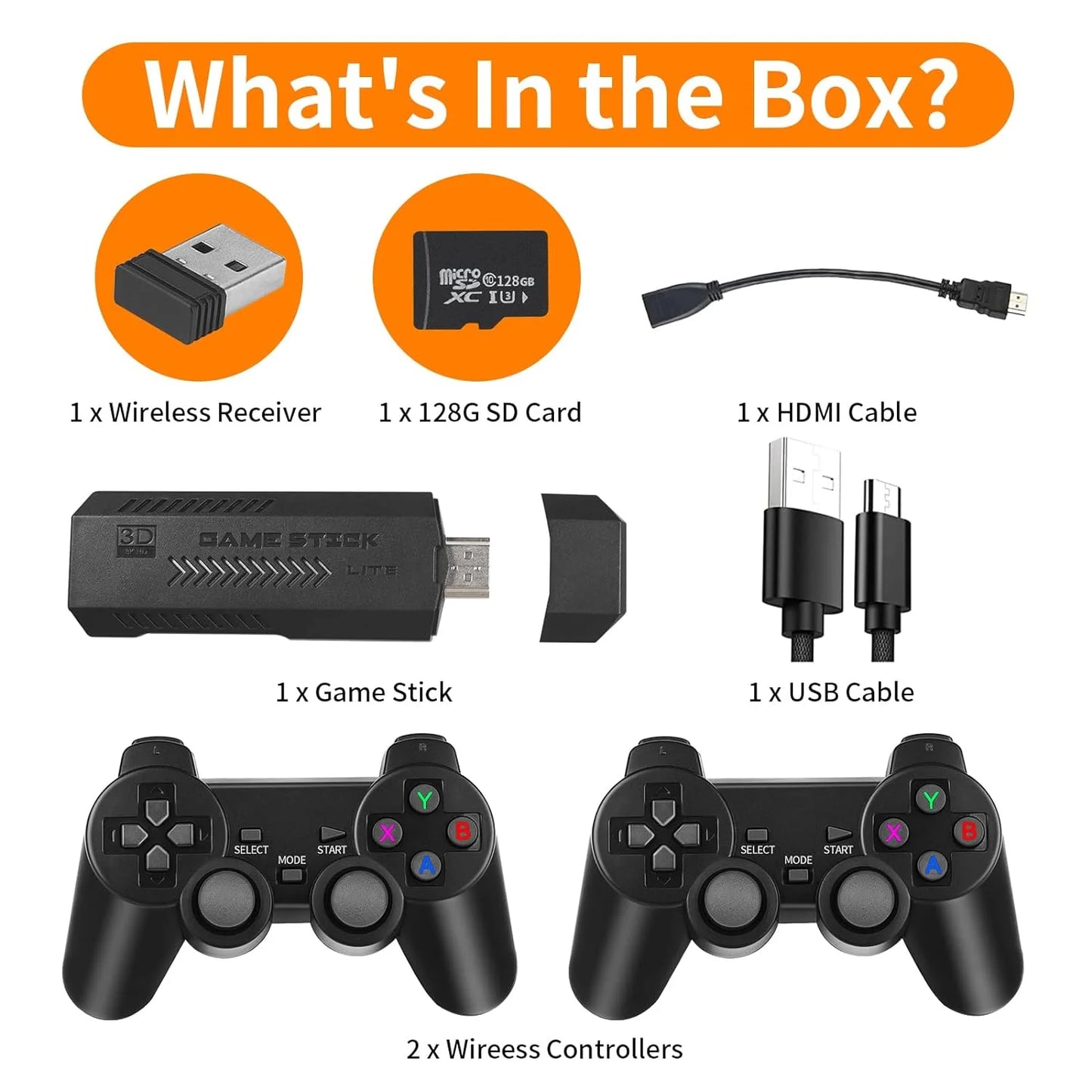 Wireless Retro Game Console, 128G HD Classic & 3D Games Stick Built in 40+ Emulators with 50000+ Games & Dual 2.4G Wireless Controllers, 4K HDMI Video Games for TV, Gift for Adults & Kids
