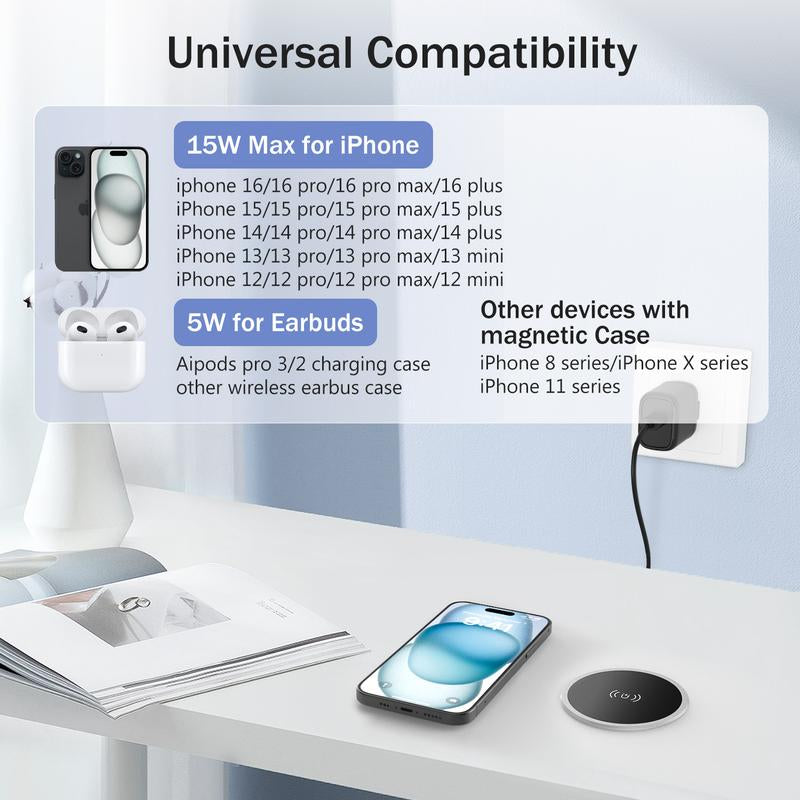 15W In-Desk Magnetic Wireless Charger: iPhone 16 Pro Max to 12 & AirPods
