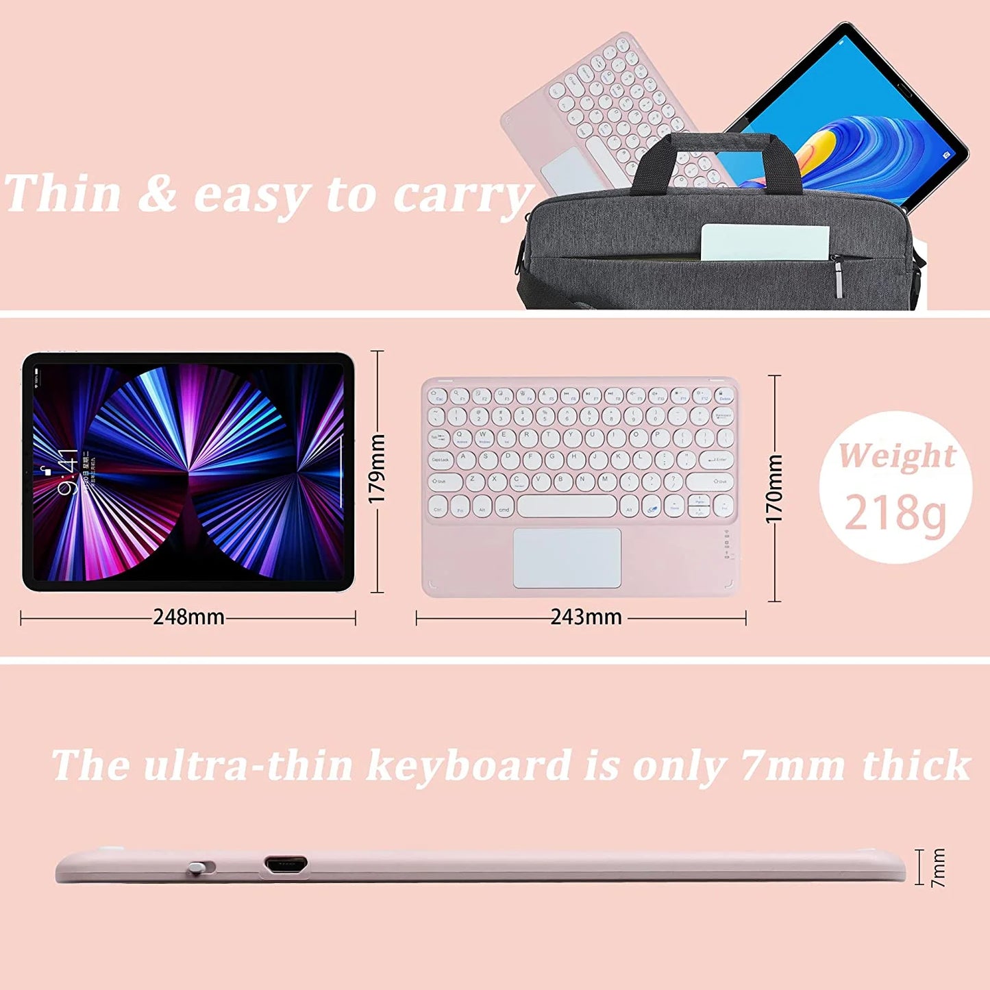 Wireless Bluetooth Keyboard with Touchpad for Ipad, Portable Mini Small Universal Rechargeable 10 Inch Ultra-Slim Wireless Keyboard for Tablet Smartphone PC Computer Laptop Windows Android Ios