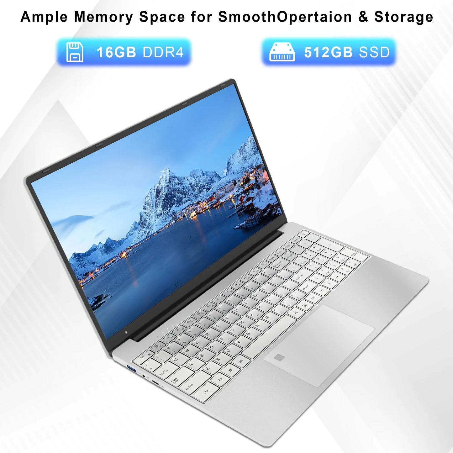 15.6 Inch 1080P FHD Laptop Computer 16GB RAM 512GB SSD with 4 Core Intel Celeron N5095, Fingerprint, Backlit Keyboard, Windows 11 Pro