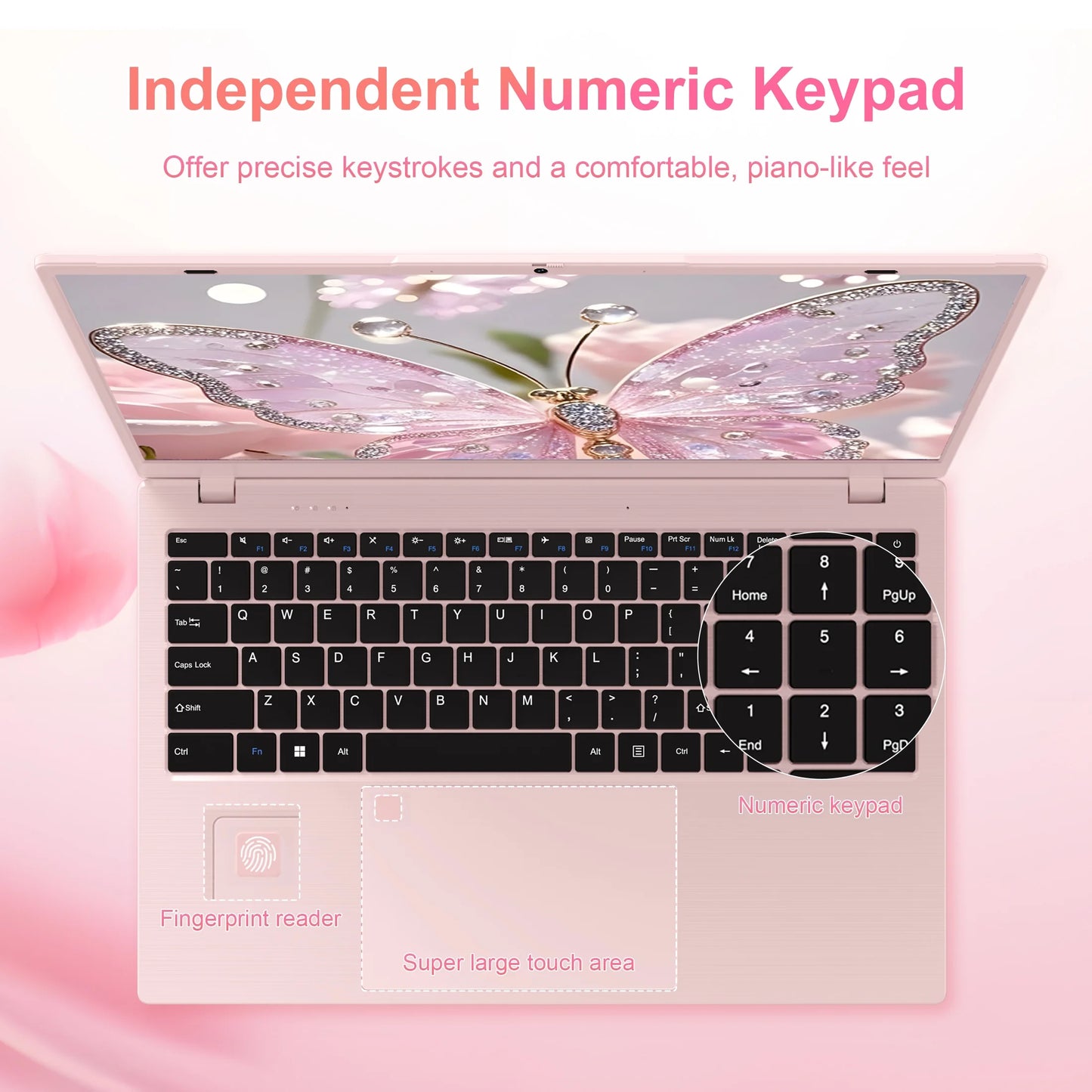 15.6" Laptop Computer, 12GB RAM 512GB SSD, FHD Display with Intel N150 (Up to 3.6Ghz), Windows 11 Pro Laptop, Fingerprint, Backlit KB, Pink