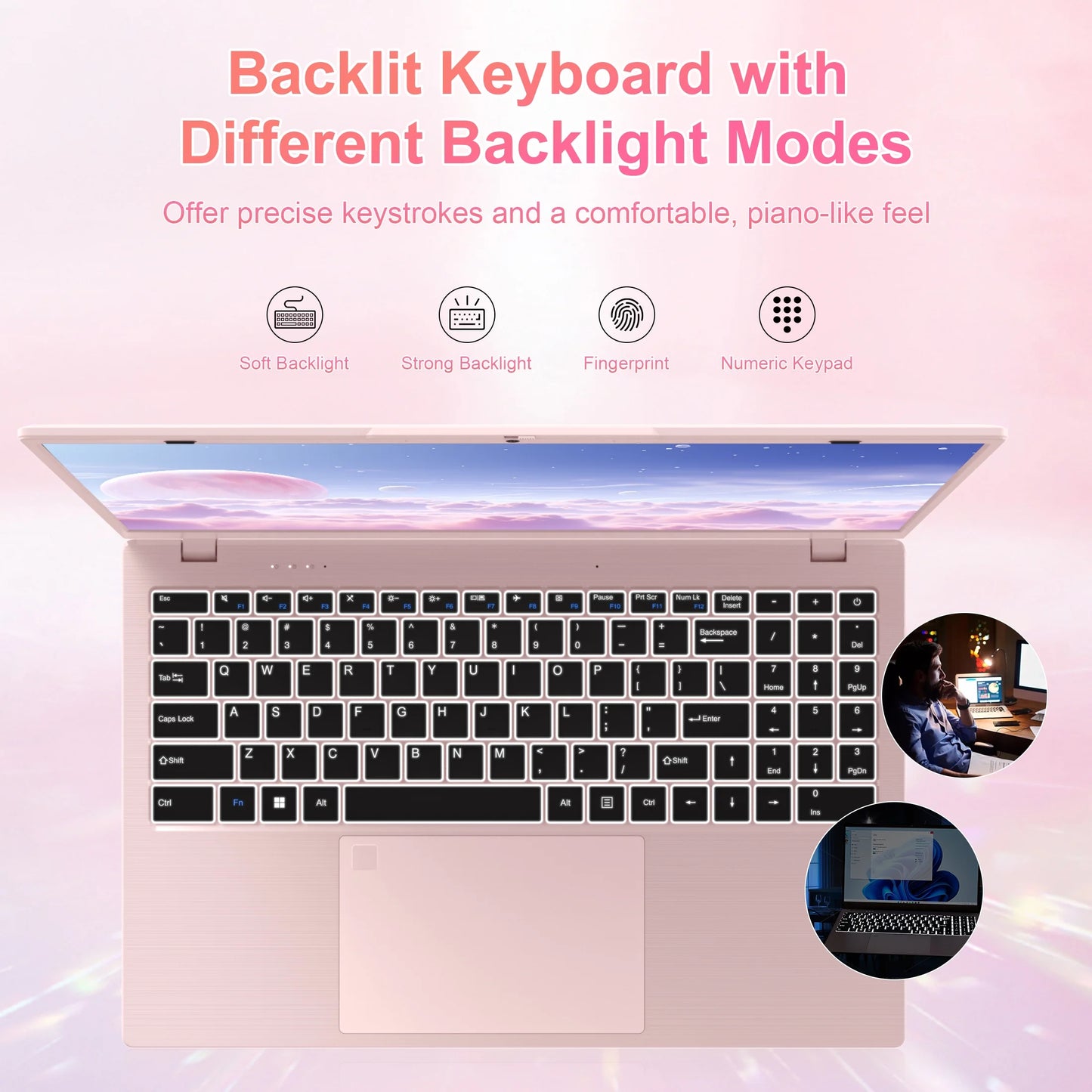 15.6" Laptop Computer, 12GB RAM 512GB SSD, FHD Display with Intel N150 (Up to 3.6Ghz), Windows 11 Pro Laptop, Fingerprint, Backlit KB, Pink
