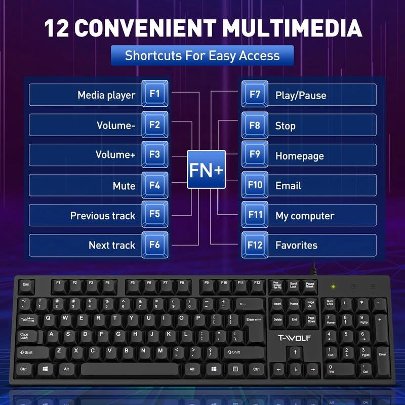 Wired USB Keyboard & Mouse Combo with 12 Shortcut Keys, Full-Size Ergonomic Sile