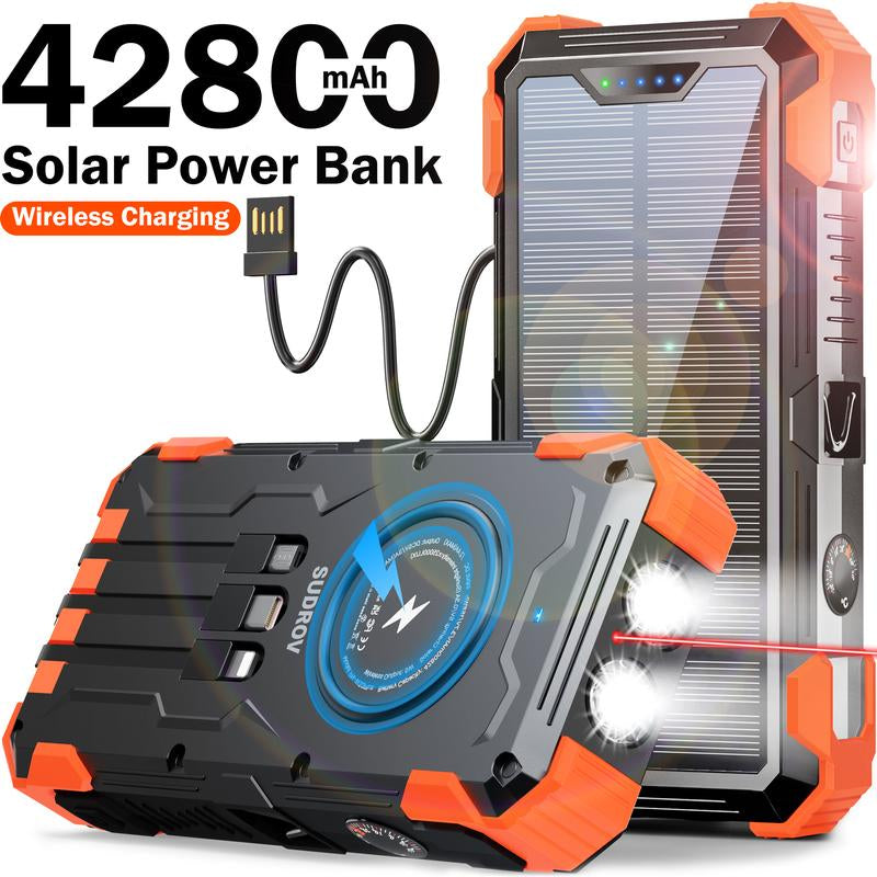 42800mAh Solar Power Bank: Wireless, 4 Cables, 7 Outputs, Fast Charging