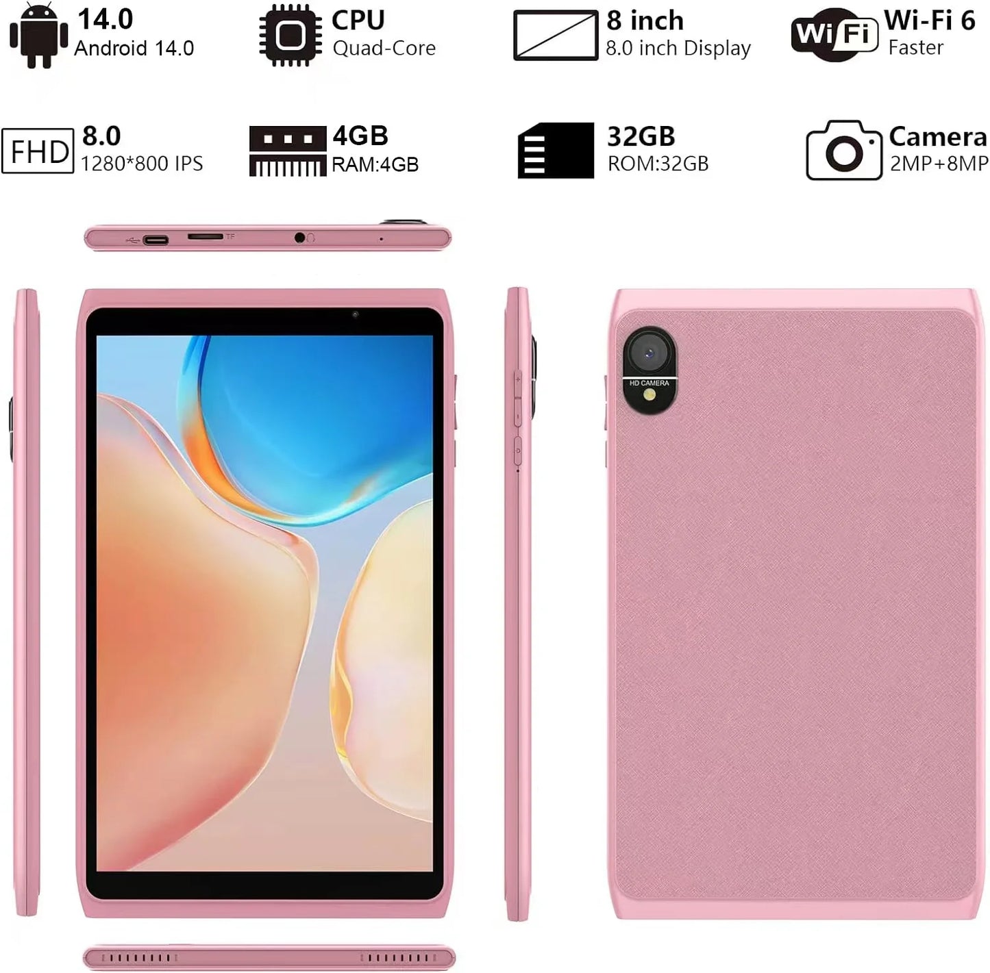 8 in 1280 X 800 Child Tablet, 32 GB, Android 12, Pink