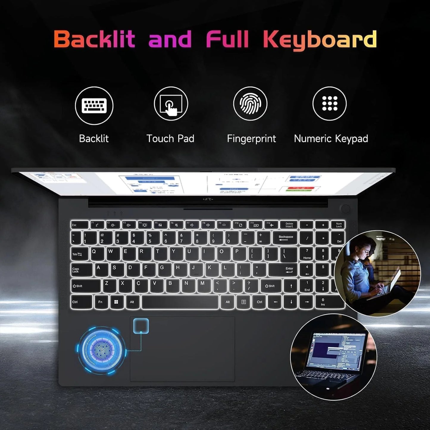 15.6'' FHD Laptop Computer, 16GB RAM 1TB SSD, Type-C 65W PD Fast Charger, Windows 11, 12Th Gen Intel N100 Processor, Fingerprint, Backlit Keyboard, Wifi 6 (Gray)