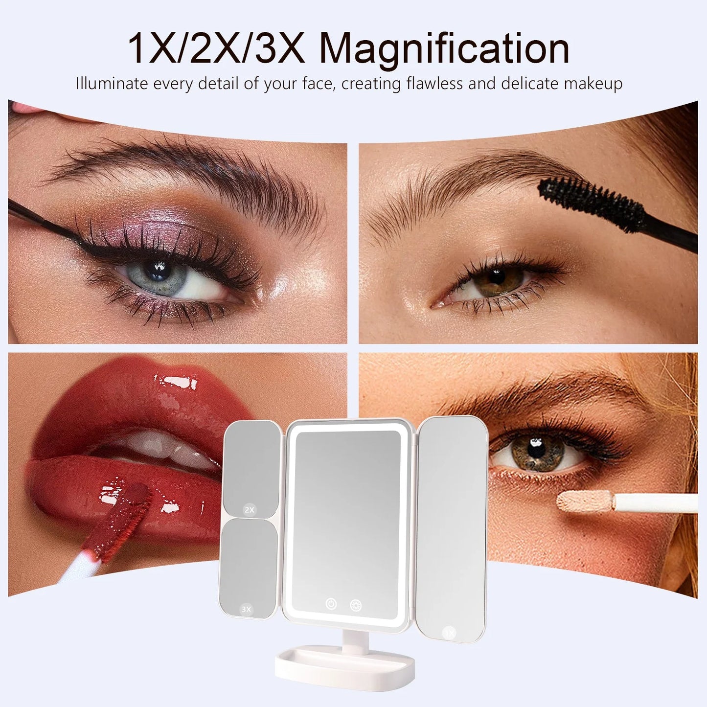 Tri-Fold Travel Vanity Makeup Mirror with 80 LED Lights and 3X/2X/1X Magnification Cosmetic Mirror White