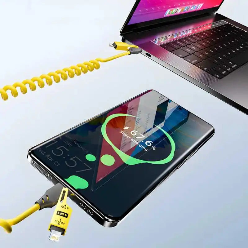4-in-1 65W Spring Telescopic USB Type C Charger Cable - Quick Charge for iPhone 15/14/13/12 - 6A Fast Charging Solution