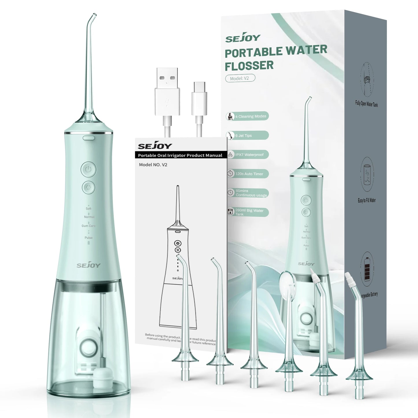 Oral Irrigator USB Rechargeable Water Flosser Portable Dental Water Jet 280ML Water Tank Waterproof Teeth Cleaner for Oral