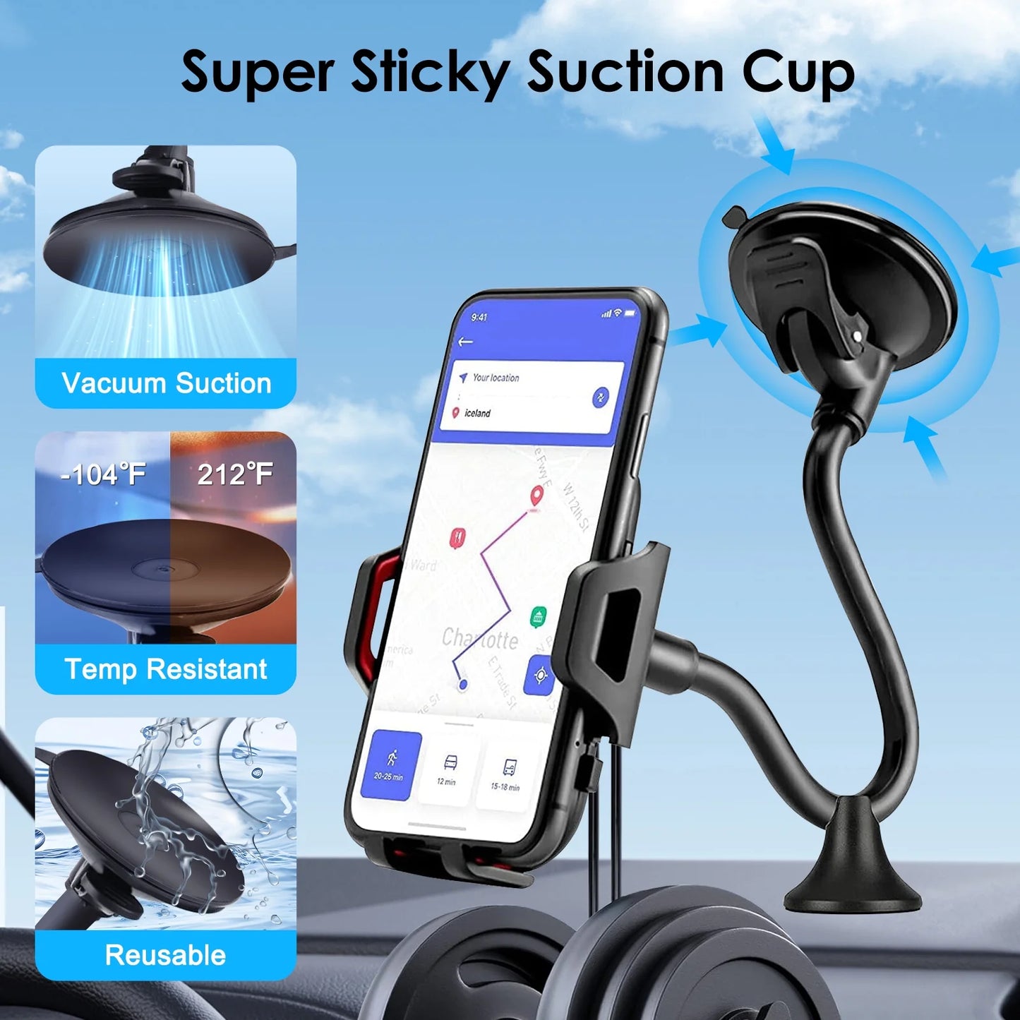 Universal Car Phone Mount Cradle for Windshield Dashboard with Suction Cup, 360° Rotation Long Arm Car Cell Phone Mount Holder for Iphone 13/ 13 Mini/ 13 Pro Max, Android Devices