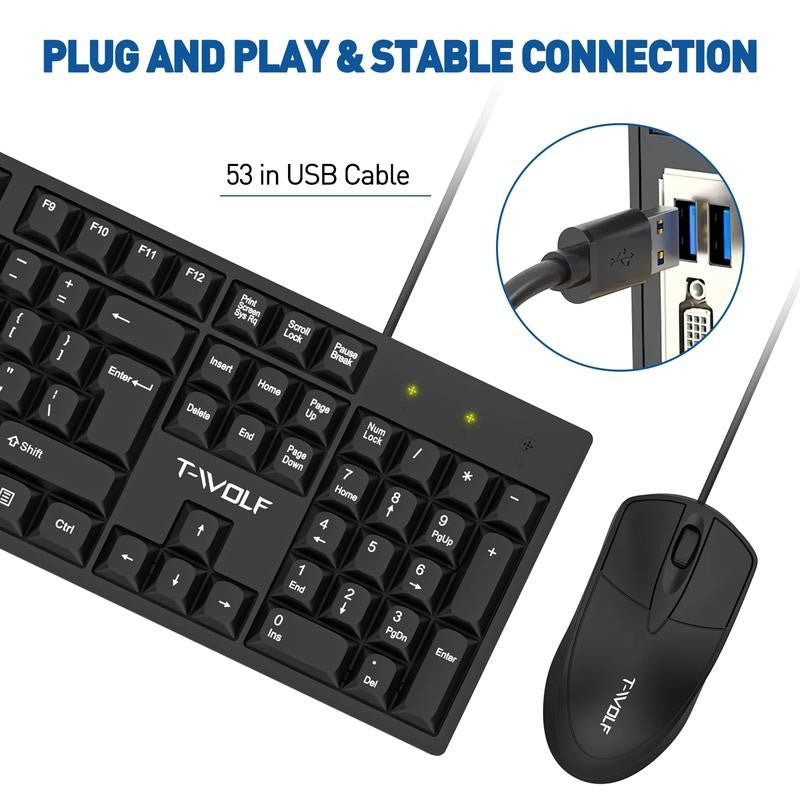 Wired USB Keyboard & Mouse Combo with 12 Shortcut Keys, Full-Size Ergonomic Sile