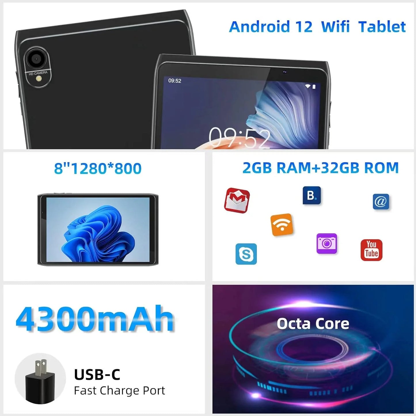 8 in 1280 X 800 Child Tablet, 32 GB, Android 12, Wi-Fi, Black
