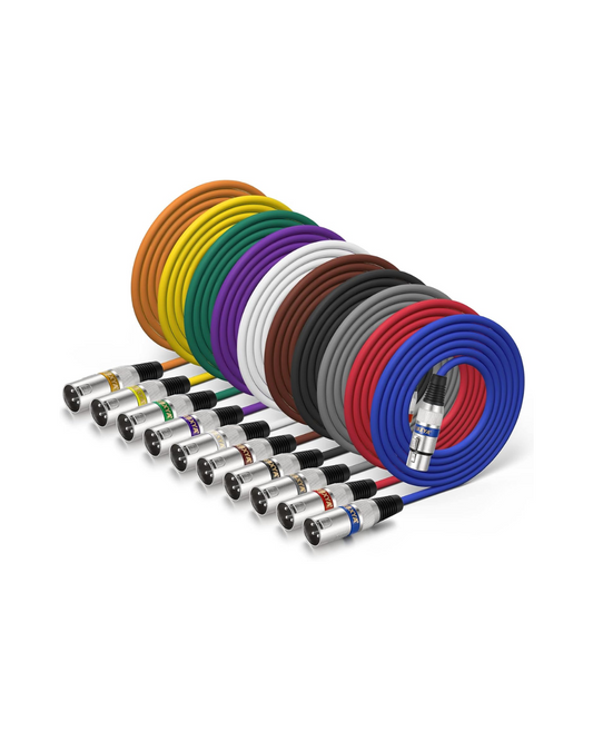 10-Pack 6ft Short XLR Microphone Cables - Multi-Color Male to Female Patch Set