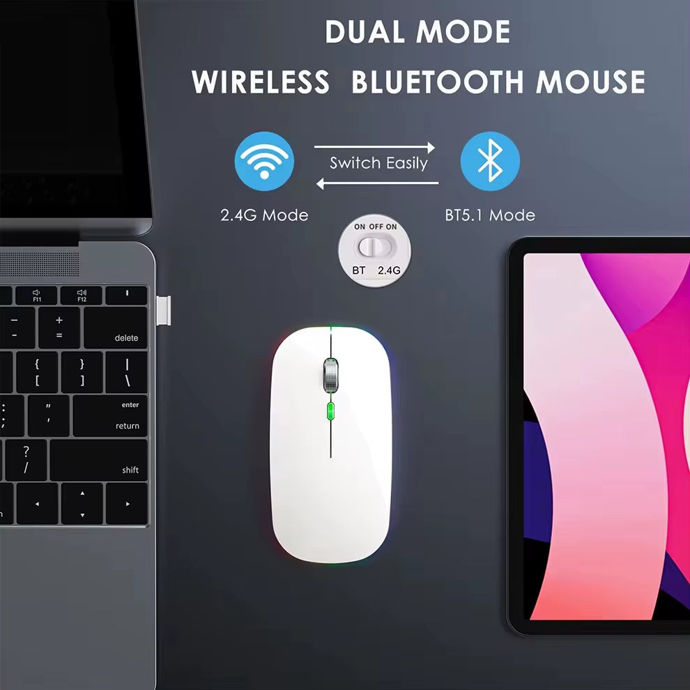2.4G+Bluetooth Wireless Mouse Backlight Jiggler Mouse Rechargeable Silent Ergonomic Mice for Ipad Laptop Computer
