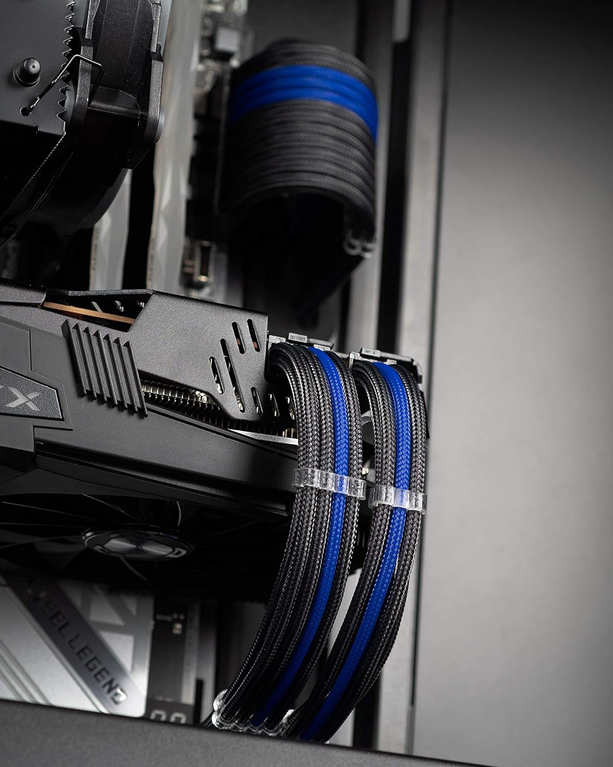 Sleeved PSU Extension Set - Power Supply Extensions - 1X 24 Pin/ 2X 8 Pin/ 2X 6 Pin/ 1X 4+4 Pin - with Combs - 30Cm (Carbon & Electric Blue)