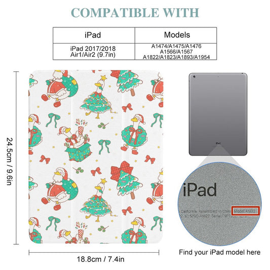 A foldable case compatible with iPad with a white background and a Christmas duck pattern, shown alongside compatibility information for iPad models and a circular inset showing the iPad screen texture.