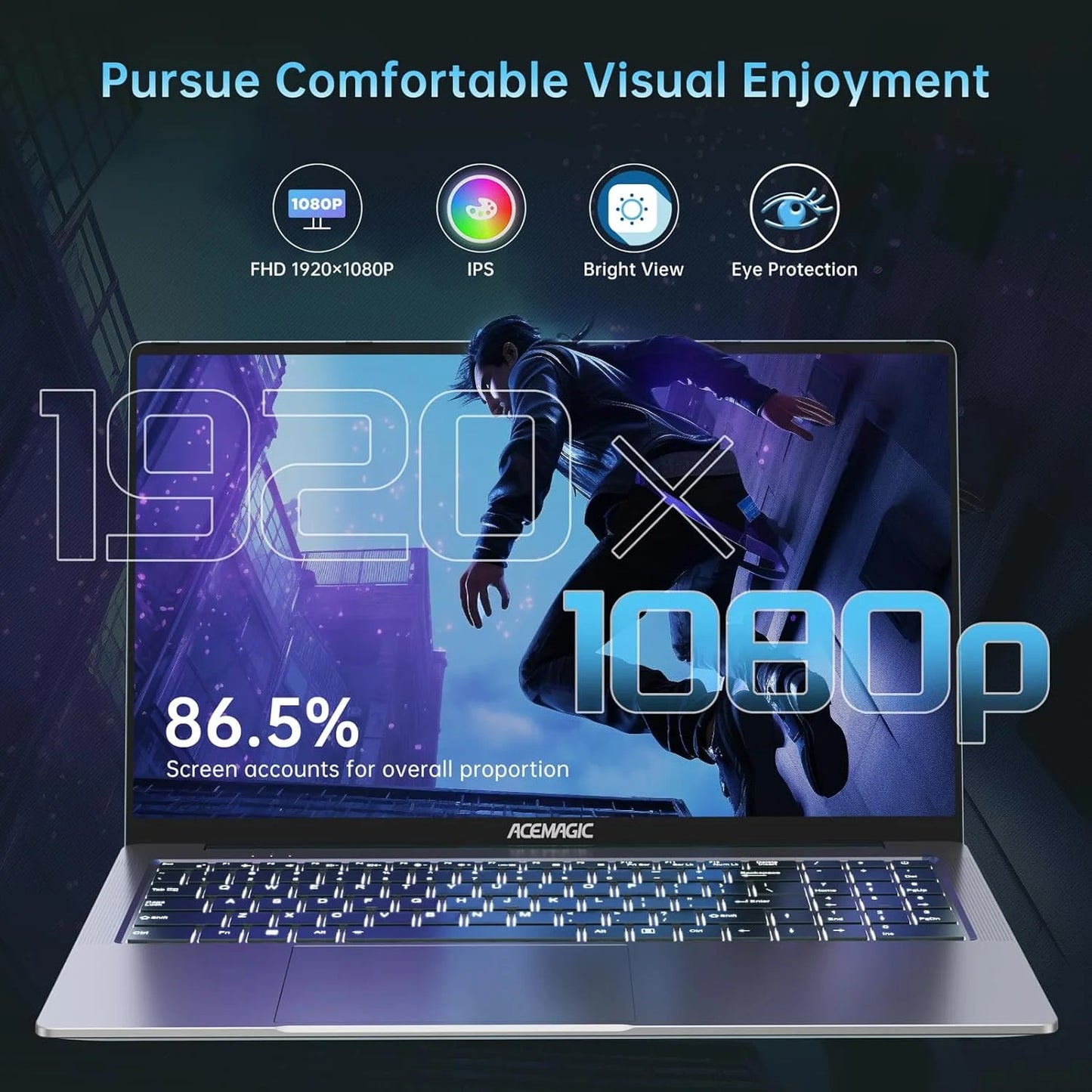 Laptop 16.1 FHD Gaming Laptop, AMD Ryzen 7 5700U, 16GB RAM, 512GB SSD, Windows 11 Pro, Graphite, Wifi 6, Backlit KB, Gray
