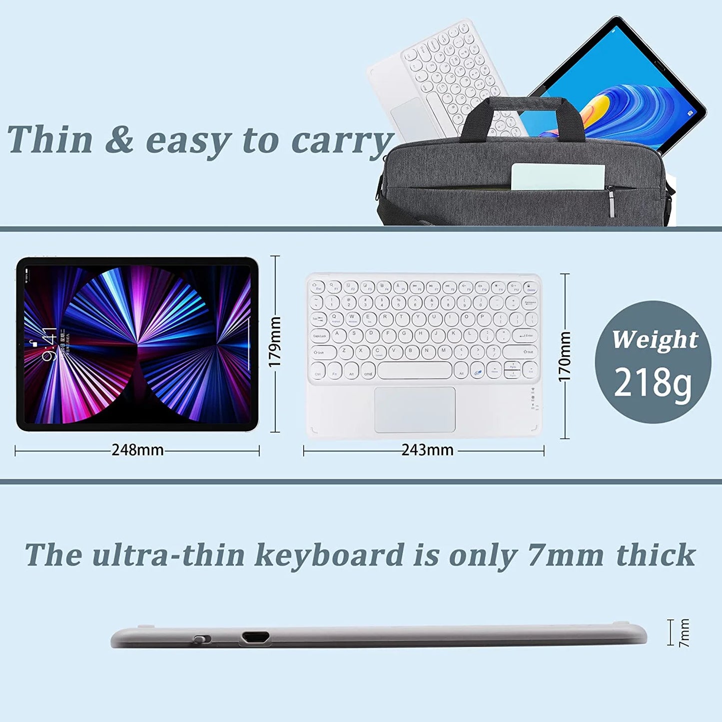 Wireless Bluetooth Keyboard with Touchpad for Ipad, Portable Mini Small Universal Rechargeable 10 Inch Ultra-Slim Wireless Keyboard for Tablet Smartphone PC Computer Laptop Windows Android Ios