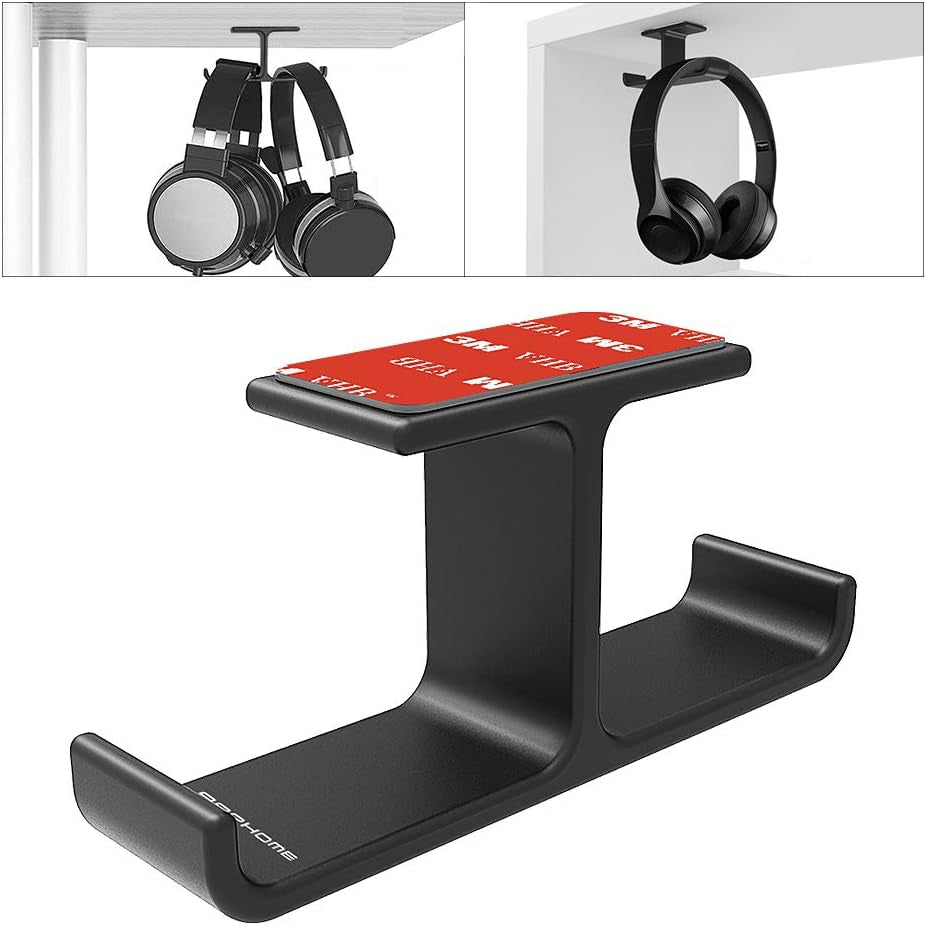 Dual Headset Mount Under Desk: Aluminum, Stick-On for PC Gaming