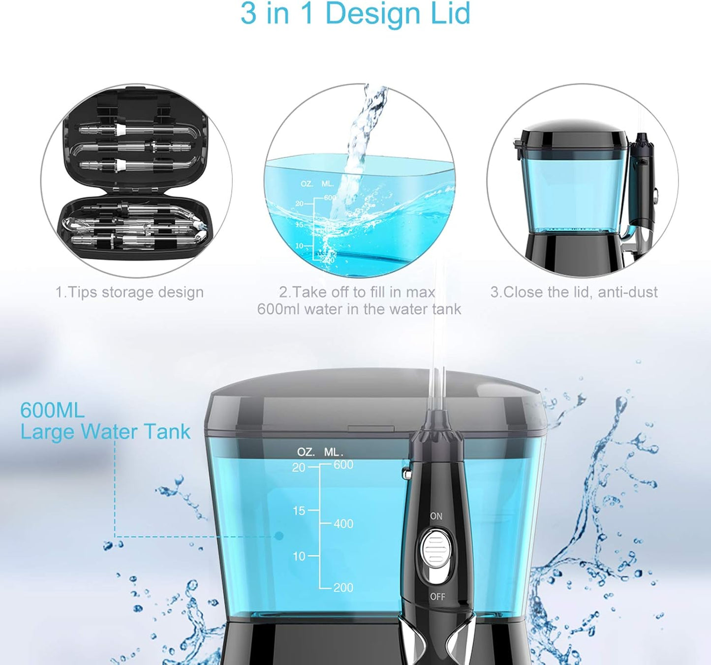 Water Flossing Oral Irrigator, 600ML Dental Teeth Cleaner 10 Adjustable Pressure, Electric Oral Flosser for Braces, 8 Replacement Jet Tips for Family (Black)