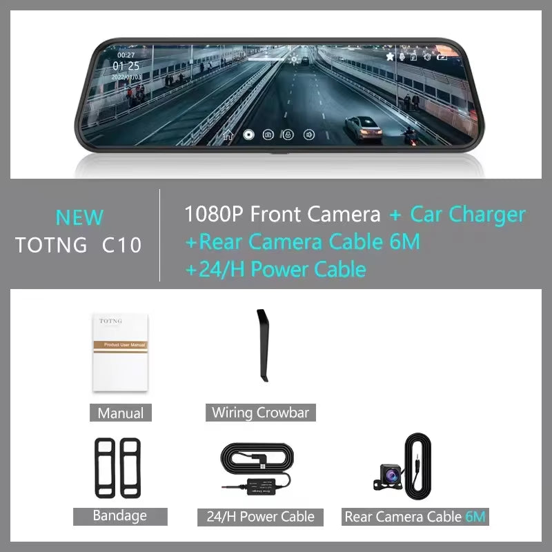 10-Inch for Car Touch Screen Video Recorder Rearview Mirror Dash Cam Front and Rear Camera Mirror DVR (Rear Camera Optional)