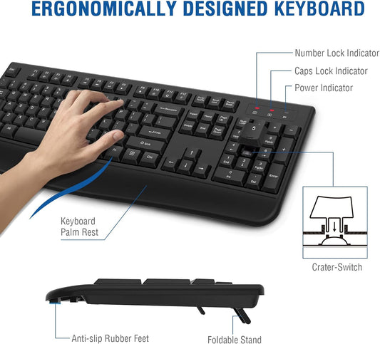 Wireless Keyboard, 2.4G Ergonomic Full Size Wireless Computer Keyboard with Wrist Rest for Windows, Mac OS Desktop/Laptop/Pc(Black)