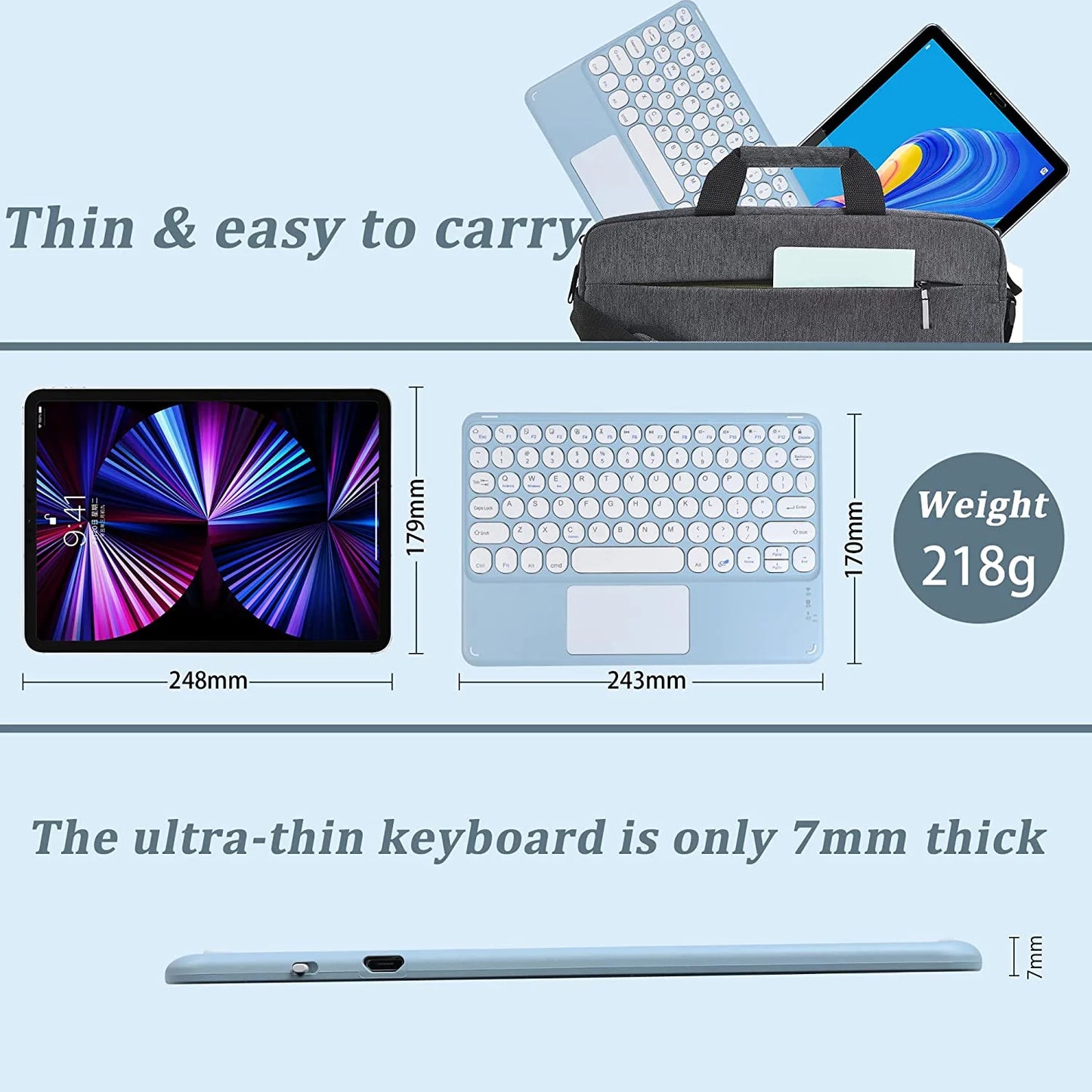 Wireless Bluetooth Keyboard with Touchpad for Ipad, Portable Mini Small Universal Rechargeable 10 Inch Ultra-Slim Wireless Keyboard for Tablet Smartphone PC Computer Laptop Windows Android Ios