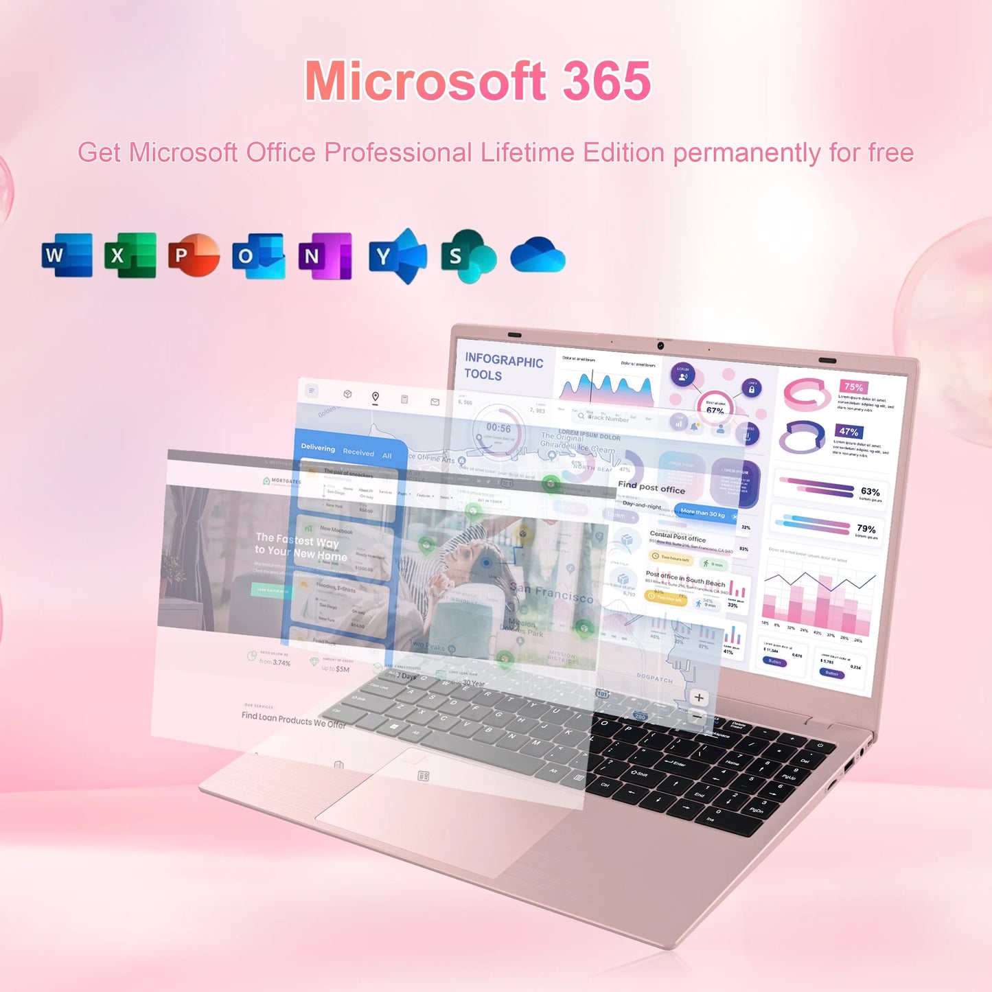 15.6" Laptop Computer, 12GB RAM 512GB SSD, FHD Display with Intel N150 (Up to 3.6Ghz), Windows 11 Pro Laptop, Fingerprint, Backlit KB, Pink