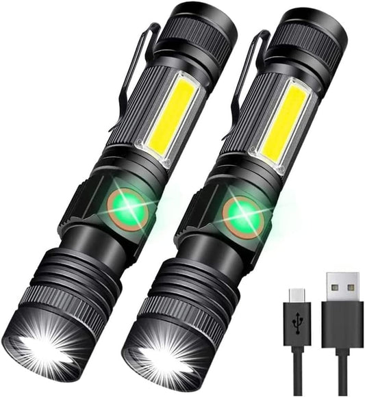 Flashlight USB Rechargeable, Magnetic LED Flashlight, Super Bright LED Tactical Flashlight with Cob Sidelight, Waterproof, Zoomable Best Small LED Flashlight for Camping, Emergency Flashlights