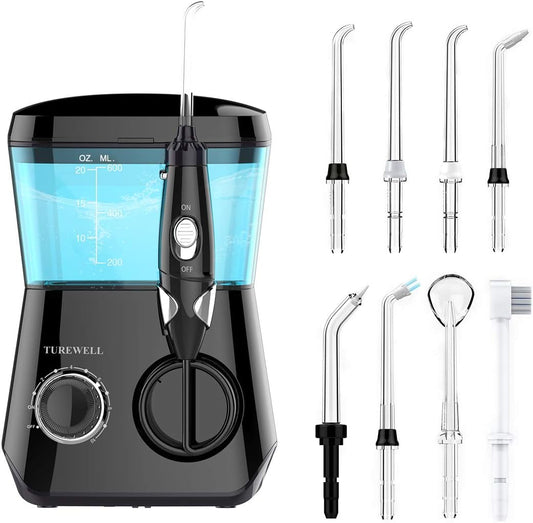 Water Flossing Oral Irrigator, 600ML Dental Teeth Cleaner 10 Adjustable Pressure, Electric Oral Flosser for Braces, 8 Replacement Jet Tips for Family (Black)