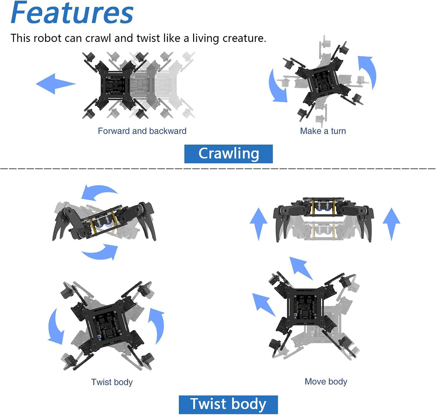 Arduino Quadruped Robot Kit: Remote, App Control, Walking/Crawling/Twisting