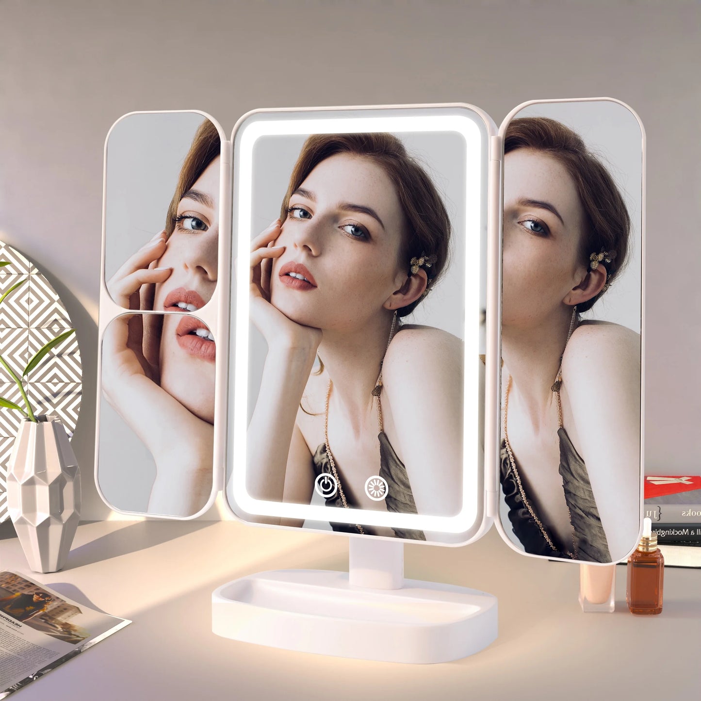 Tri-Fold Travel Vanity Makeup Mirror with 80 LED Lights and 3X/2X/1X Magnification Cosmetic Mirror White