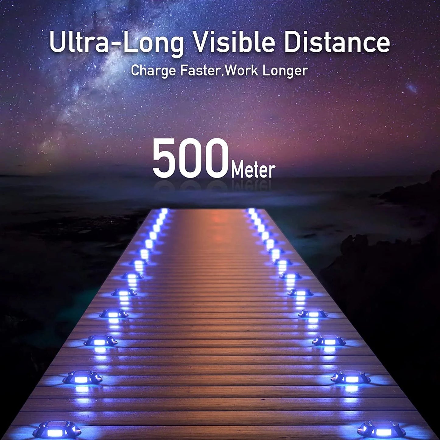 4 Pack Solar Deck Lights Outdoor, Blue+White Solar Powered Driveway Lights, IP68 Waterproof Solar Dock Lights Warning Step Lights, Sidewalk Marker Lights for Path Stair Dock Garage