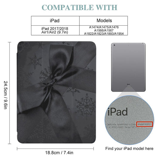 Compatibility graphic for an iPad case, showing a dark gray patterned case wrapped in a large satin bow, a small rear view of an iPad, and a circular inset with an iPad logo detail. Text at the top reads 'COMPATIBLE WITH' with iPad models listed and dimensions for the case.