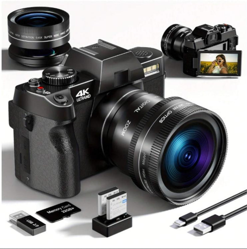 4K Digital Cameras for Photography,48Mp/60Fps Video Camera for Vlogging, Wifi & App Control Vlogging Camera , Small Camera with 32GB TF Card.Wide-Angle & Macro Lens