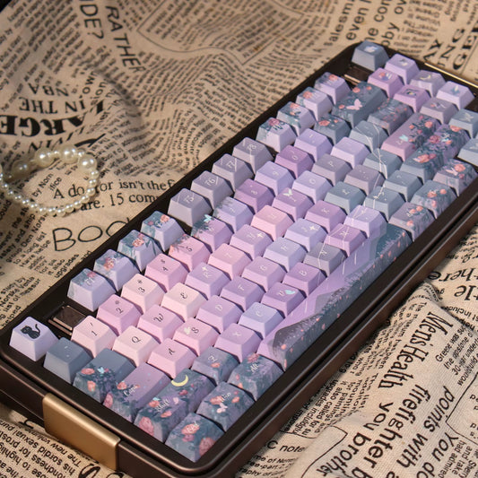 Midsummer Night Keycap Cherry MOA Profile PBT Thermal Sublimation Dreamy Purple Keycaps Aesthetic Butterfly Flower Keyboard Caps