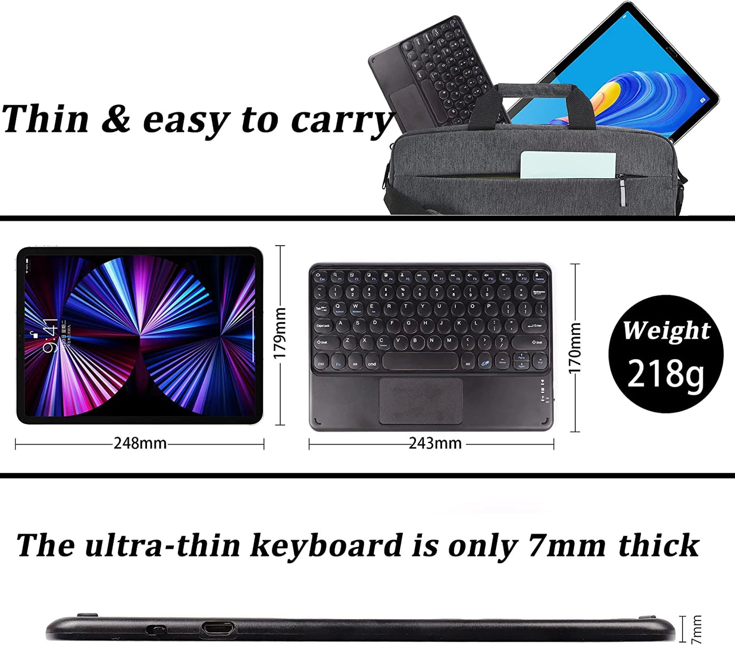 Wireless Bluetooth Keyboard with Touchpad for Ipad, Portable Mini Small Universal Rechargeable 10 Inch Ultra-Slim Wireless Keyboard for Tablet Smartphone PC Computer Laptop Windows Android Ios