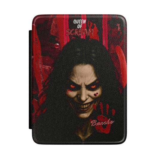 A protective tablet case featuring a graphic print of the character 'Queen of Scream' (Barbie) with a textured black and red design, shown on a plain white background.