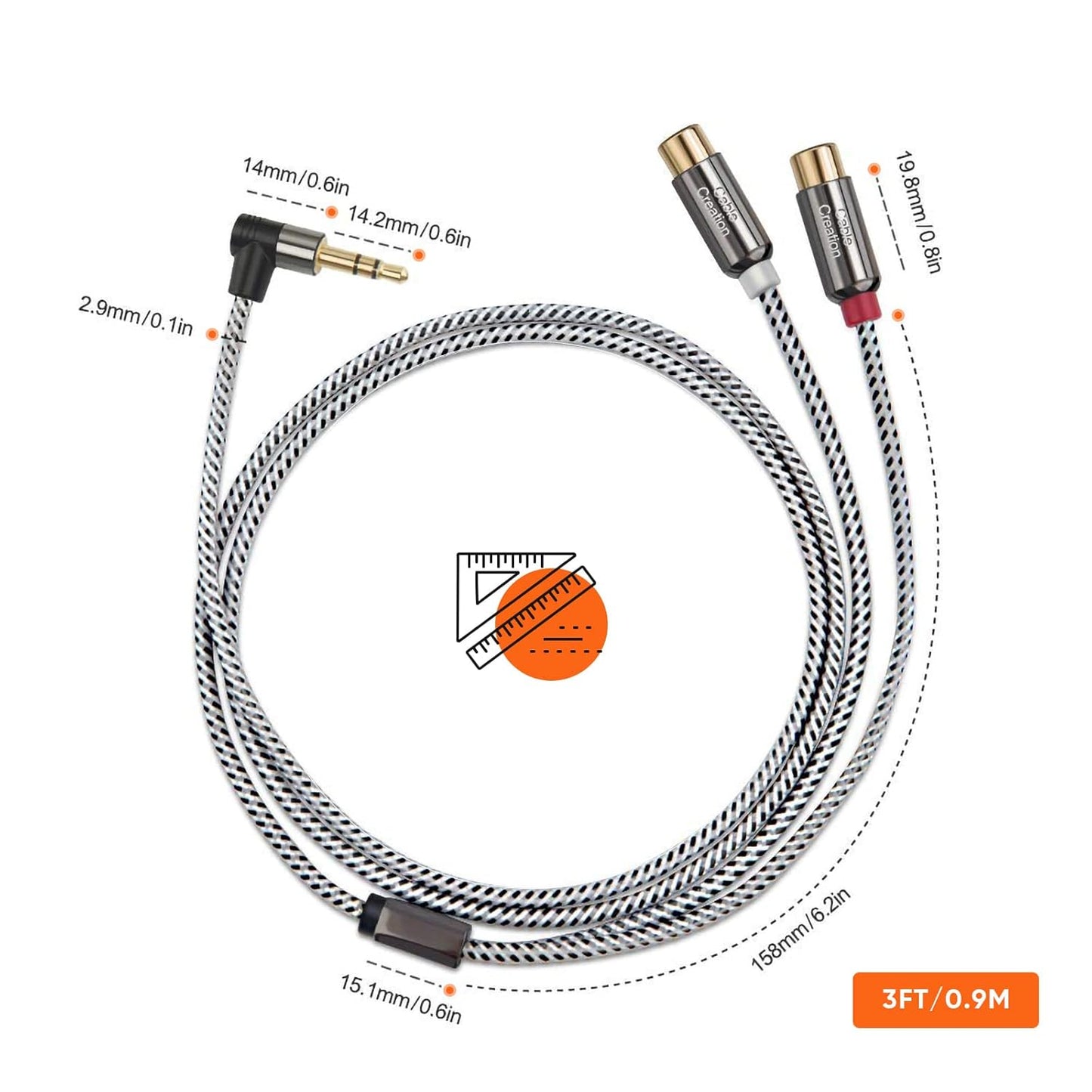 3.5Mm to 2RCA Female Cable, Angle 3.5Mm Mini-Jack to RCA Stereo Audio Y Cable Gold Plated, Compatible with Iphone,Ipod,Mp3,Tablets,Hifi Stereo System, Speaker,3Ft/0.92M