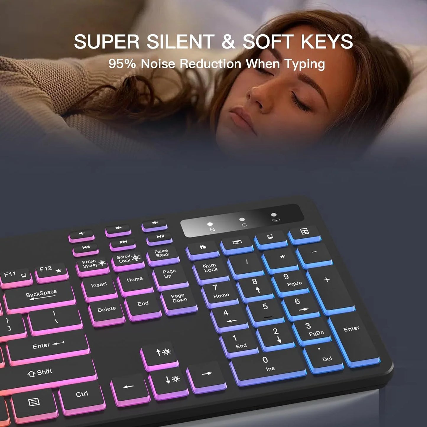 Wireless Keyboard with 7-Color RGB Backlit, Full-Size Computer Keyboard with Phone Tablet Holder, Rechargeable 2.4G Wireless Gaming Keyboard with Light up Keys, Compatible with Mac,Window,Black