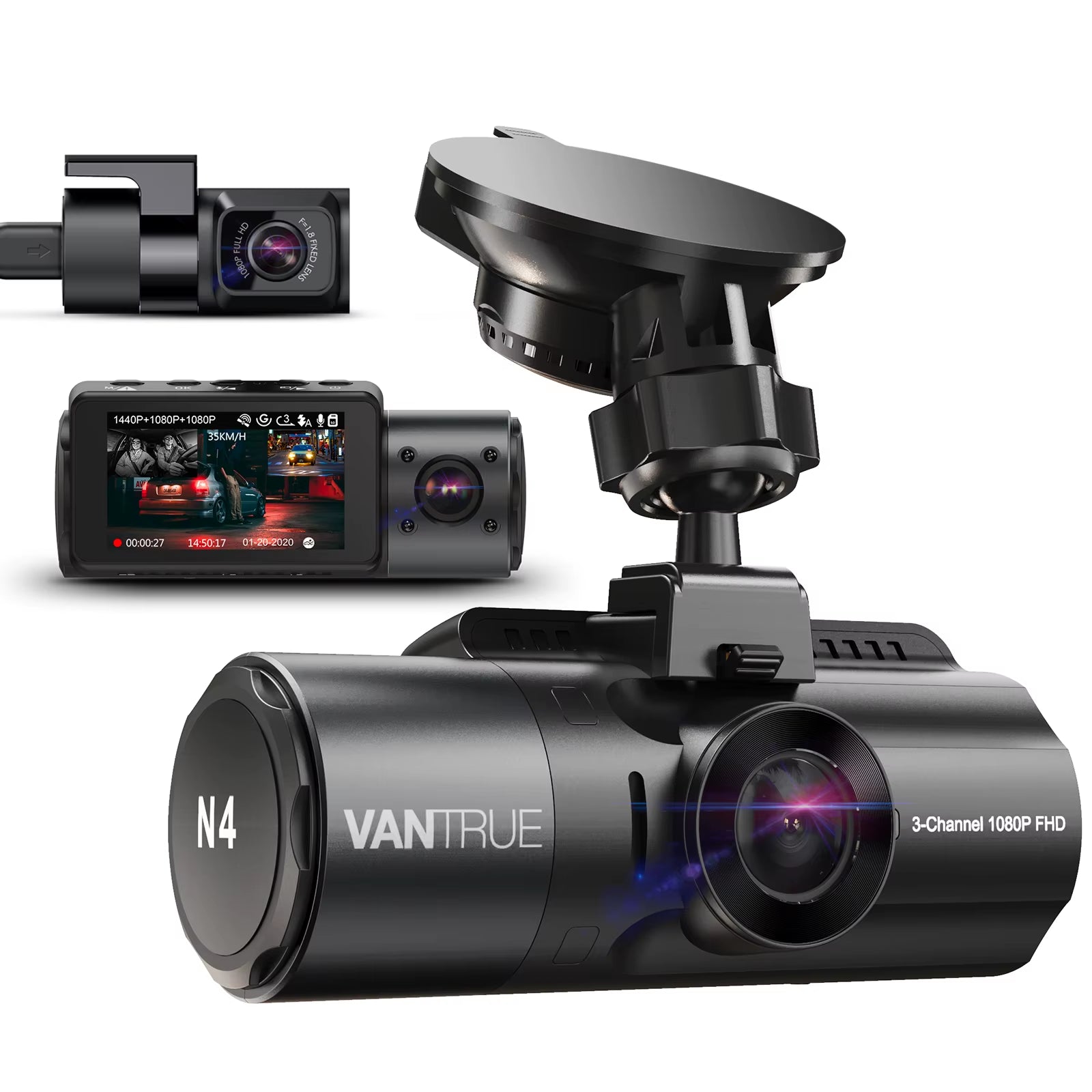N4 3 Channel 4K Dashcam 4K+1080P Front and Rear Dash Camera IR Night Vision 24 Hours Parking Mode Support 256GB Max
