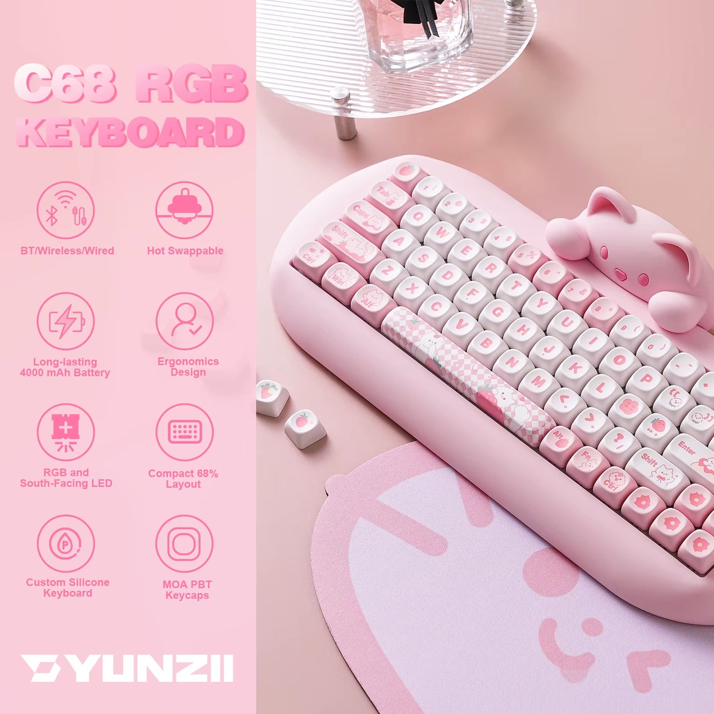 C68 Wireless Gaming Keyboard, Hi-Fi Cute Cat Custom RGB Mechanical Keyboard, Silicone 65% Hot Swap Ergonomic Kitty Keeb